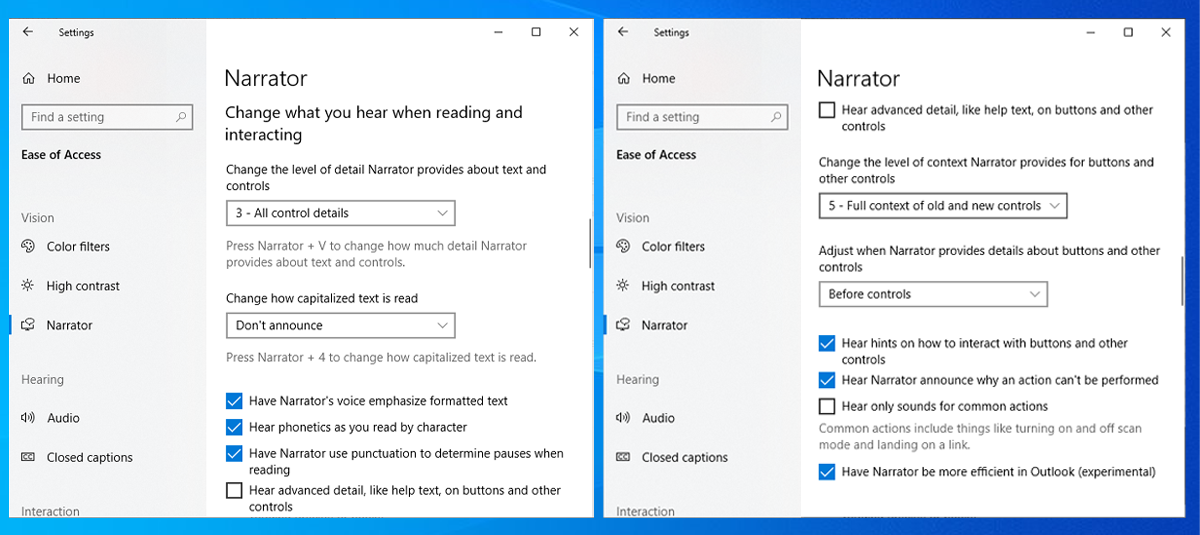 Narrator's reading and interacting settings in Windows 10