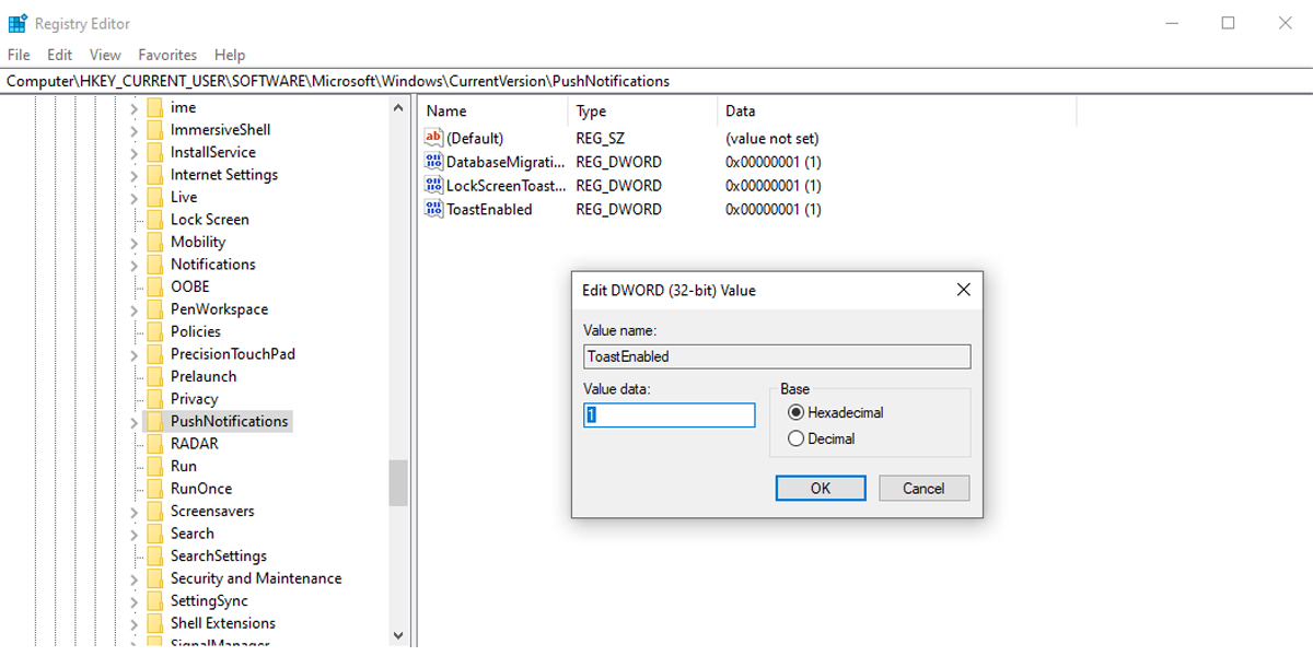 Registry editor in Windows 10