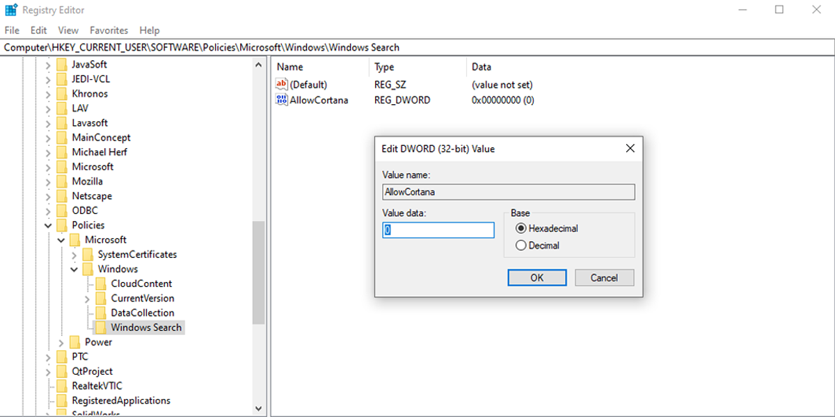 Registry editor in Windows 10