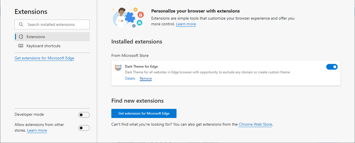 Extension menu Edge