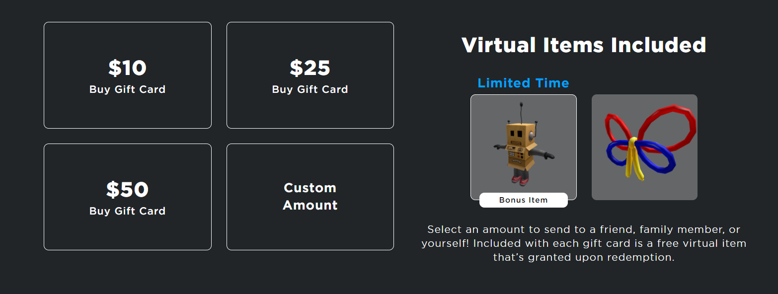 Roblox gift cards come with items.