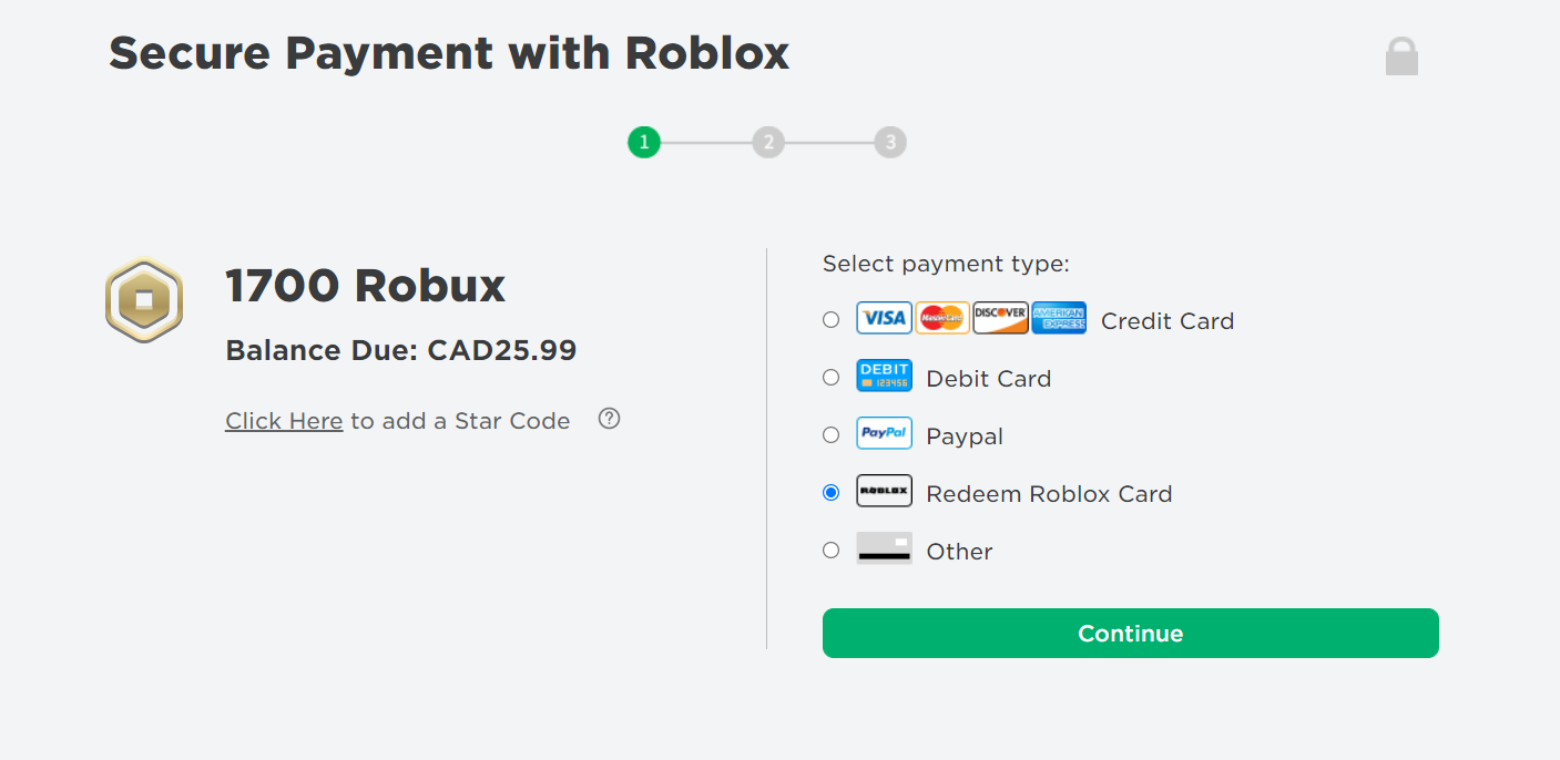 Using Roblox gift cards as a method of payment.