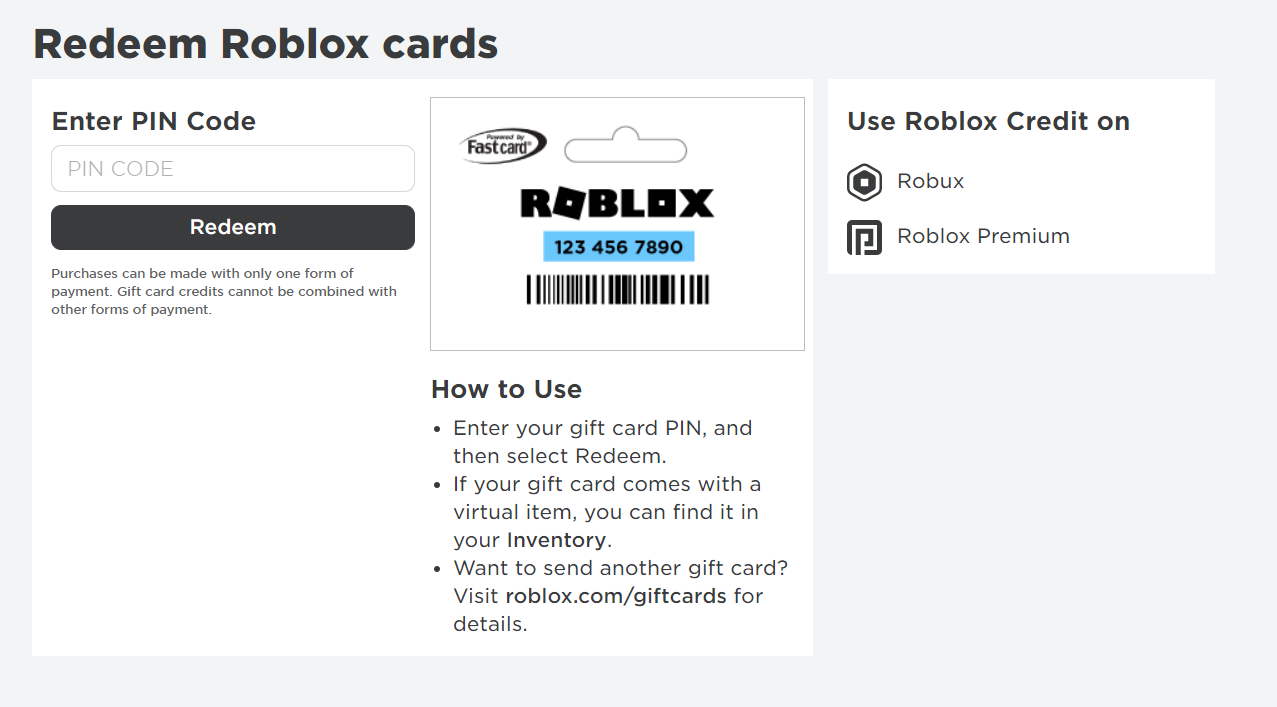 Roblox redeem card page.