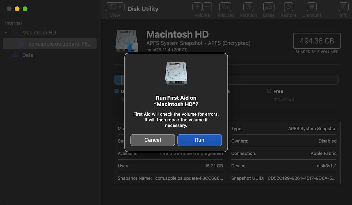 running a first aid from disk utility