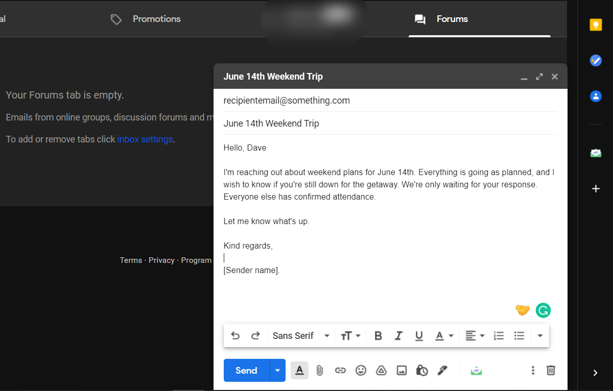 A sample email message in Gmail