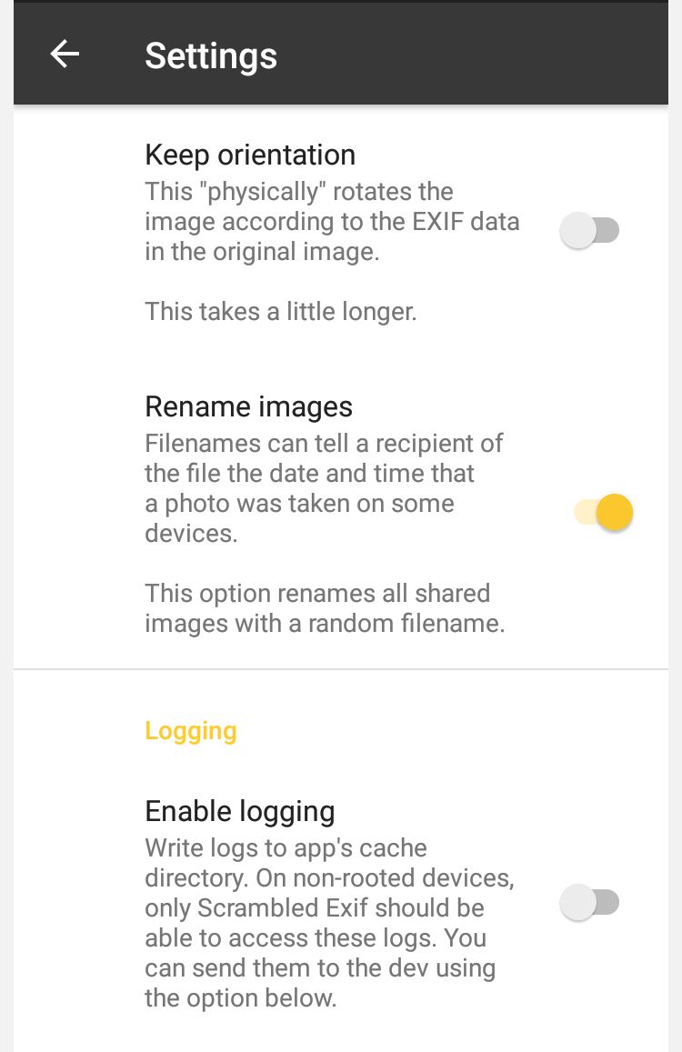 Screenshot of Scrambled EXIF app settings