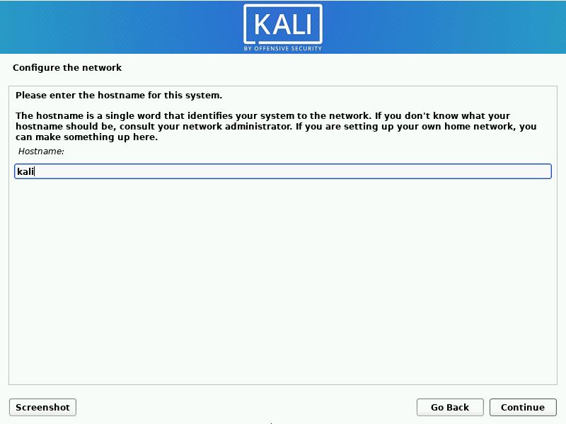 hostname for kali linux virtualbox