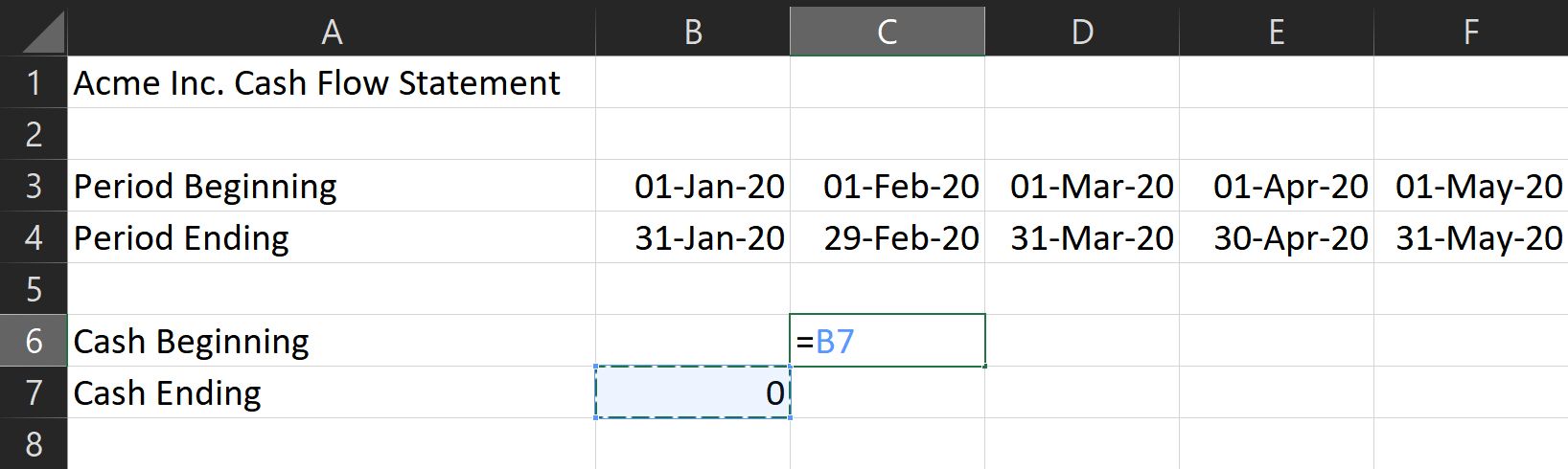 Using a formula to set cash beginning for the following months