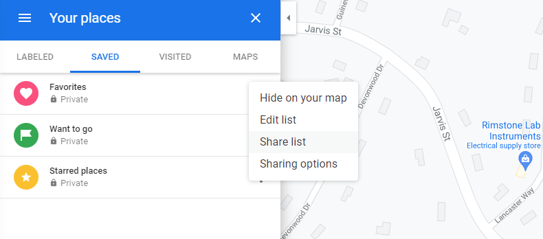 Share list on Google Maps
