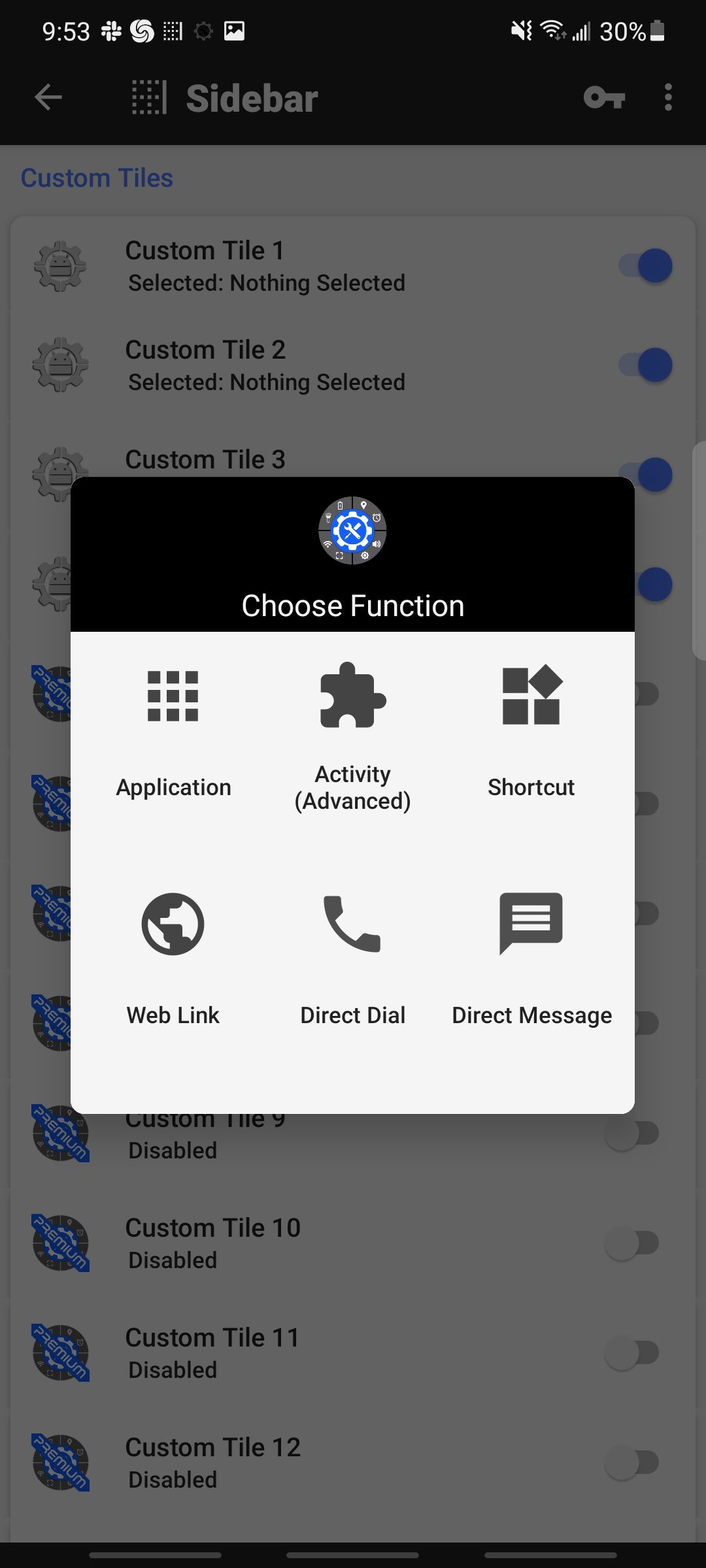 shortcutter app choosing function for a custom tile