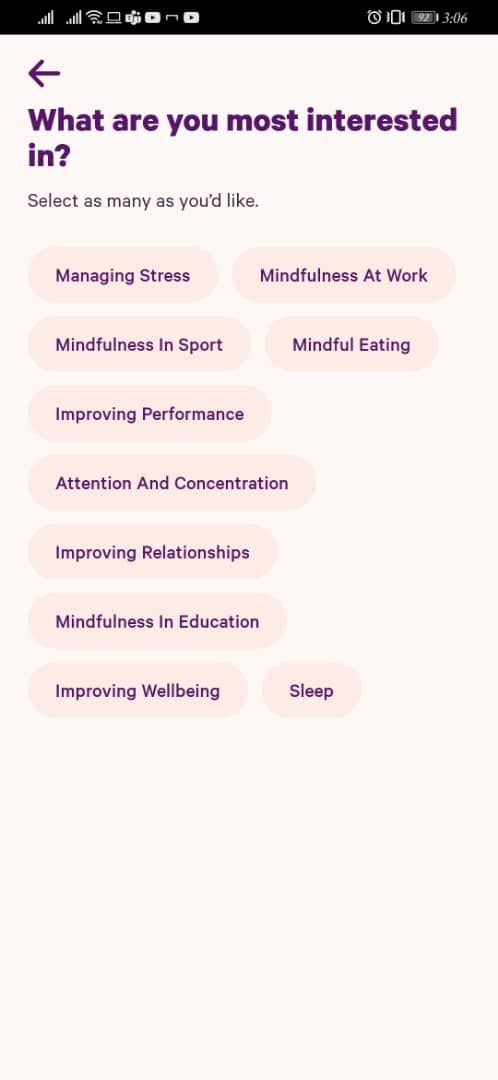 screenshot of the Smiling Mind app showing different meditation categories