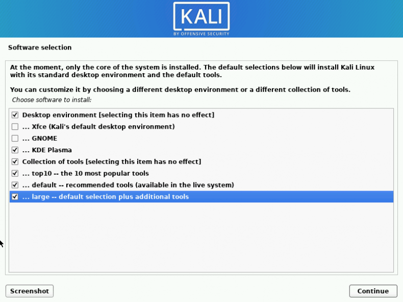 software selection for kali linux virtualbox
