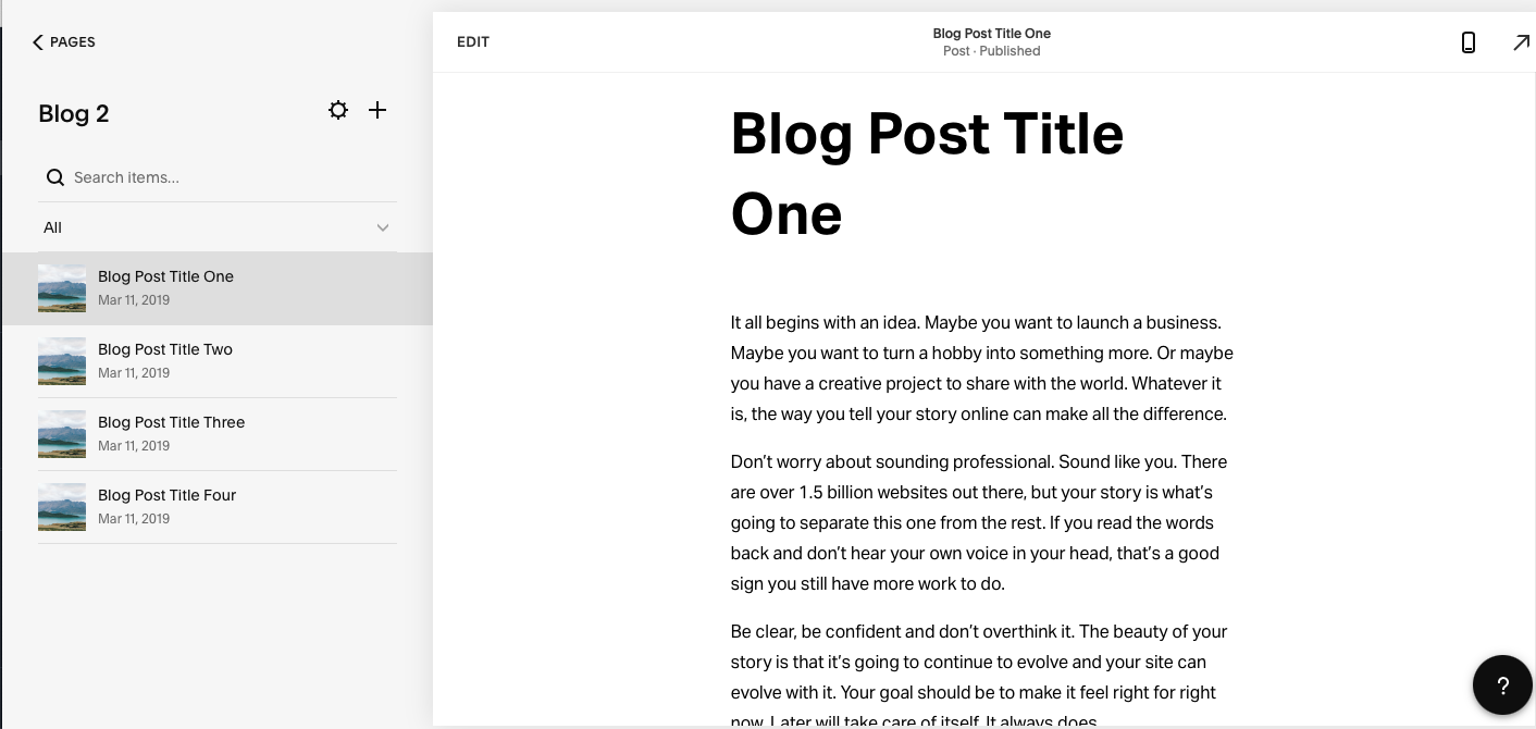 Screenshot showing a selection of blog posts on Squarespace