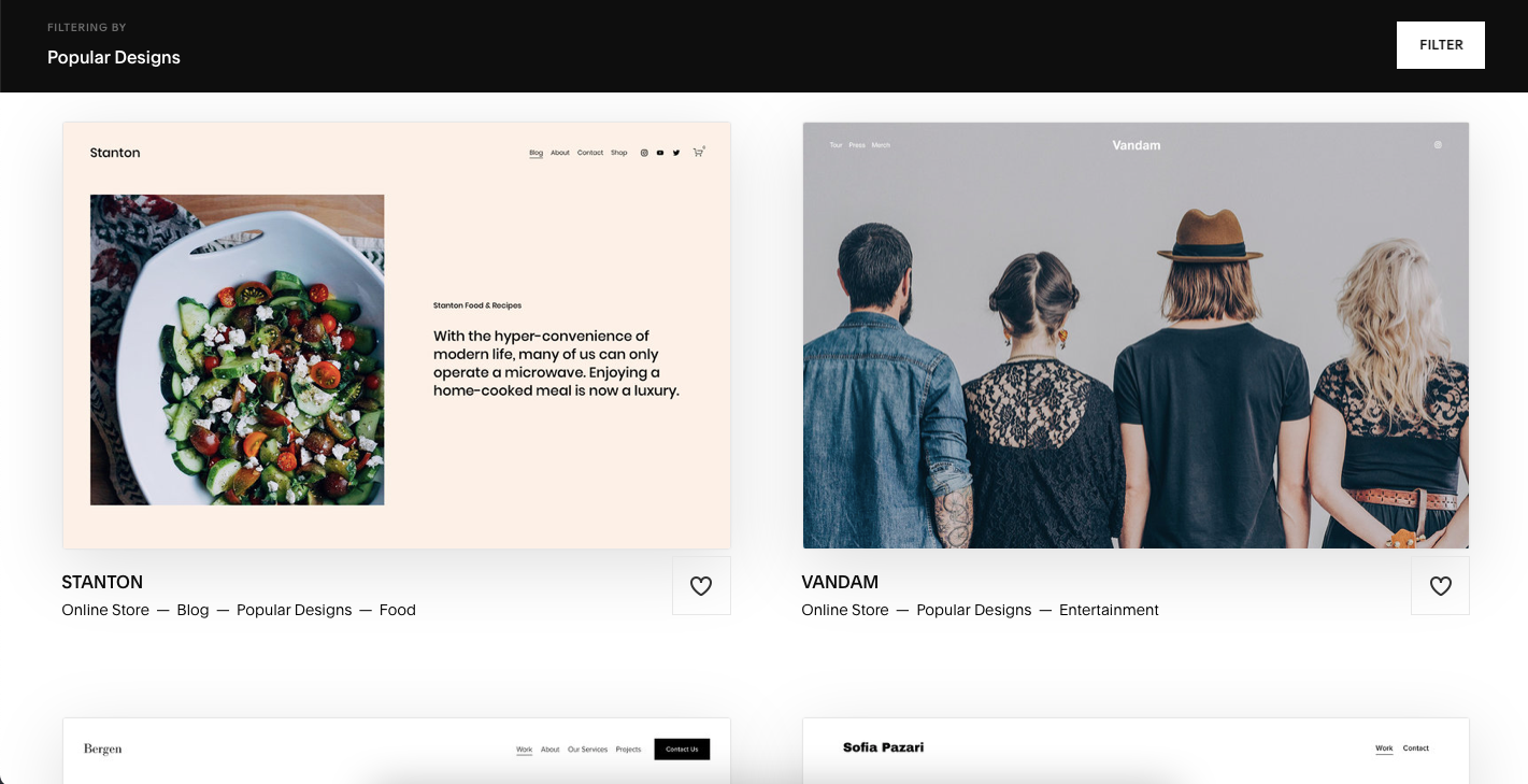Example of the themes you can choose on Squarespace