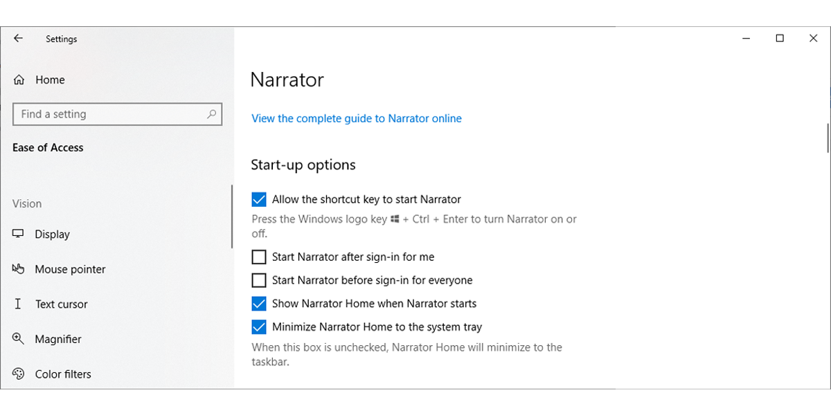 Narrator settings in Windows 10