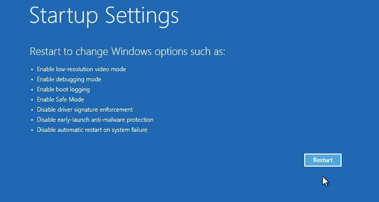 startup settings windows 10 restart