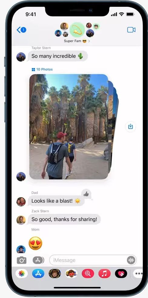 An iPhone screenshot showing photos arranged in stacks in Messages