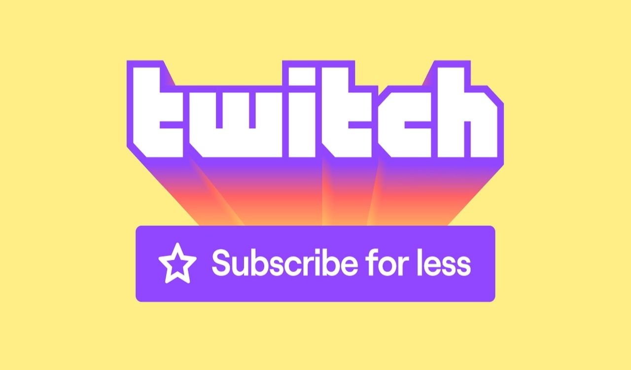 Twitch logo against a yellow background, with the words 'subscribe for less' under the logo