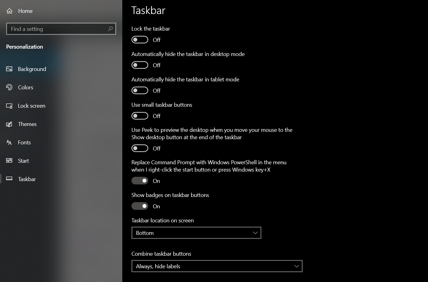 Windows 10 taskbar settings