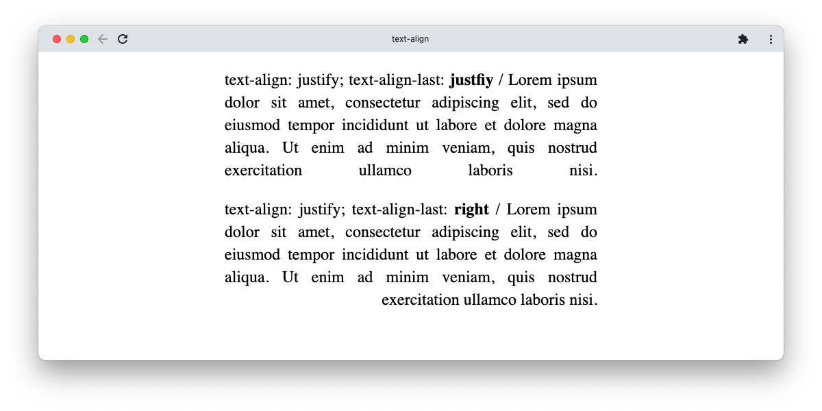 A screenshot of a browser showing paragraphs with their last lines aligned variously