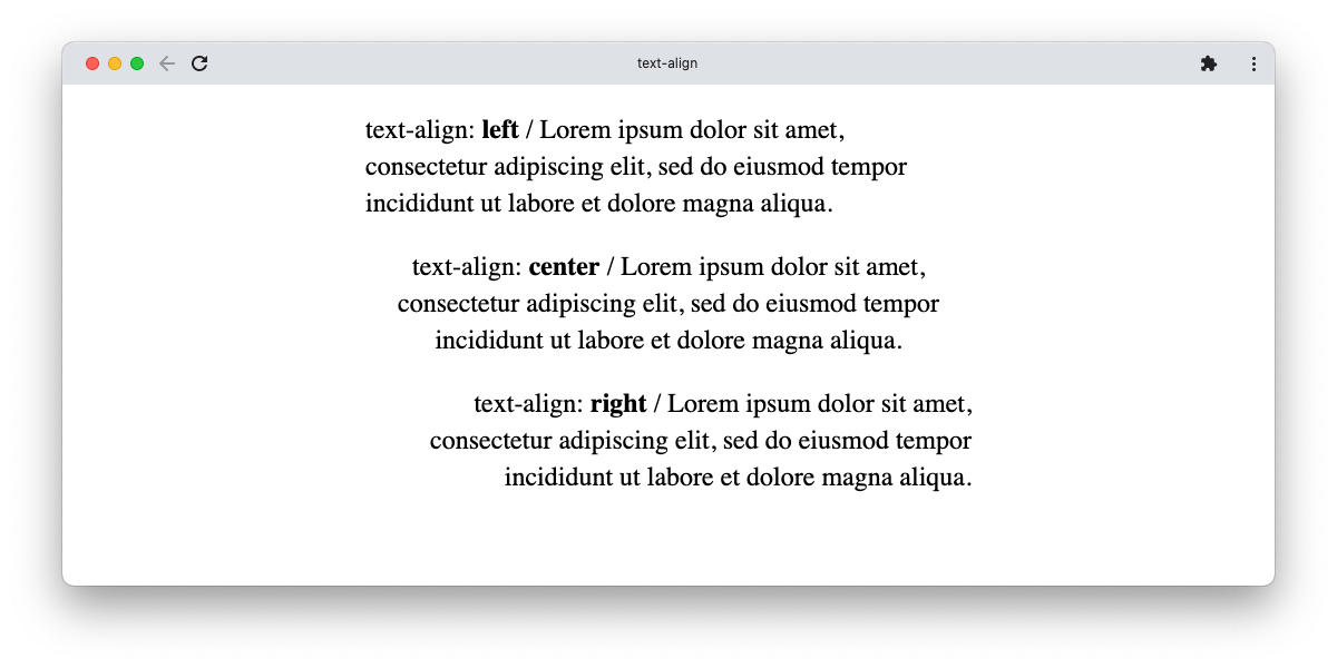 A screenshot of a browser showing paragraphs with left, right, and center-aligned text
