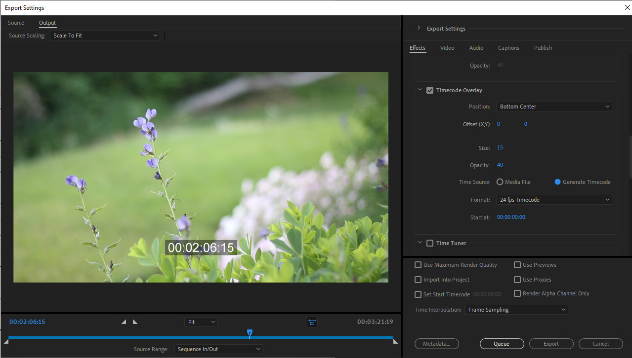 Timecode in Export menu in Premiere Pro