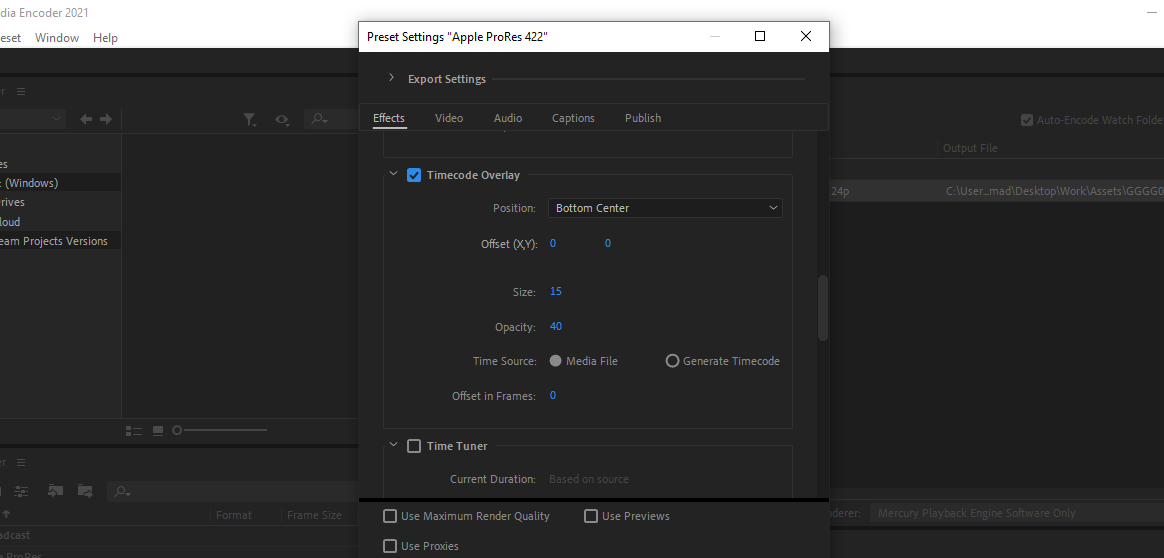 Timecode burn-in in Media Encoder