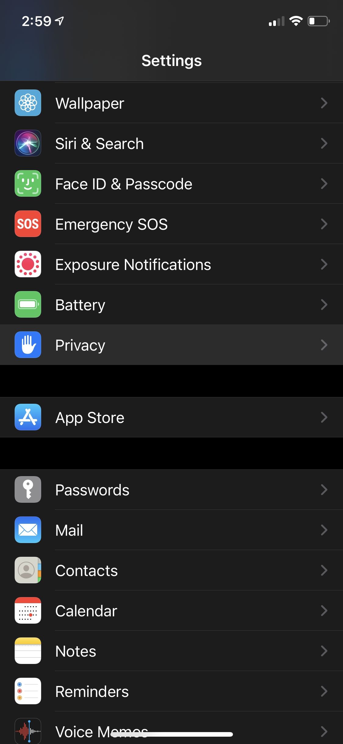 iOS settings menu