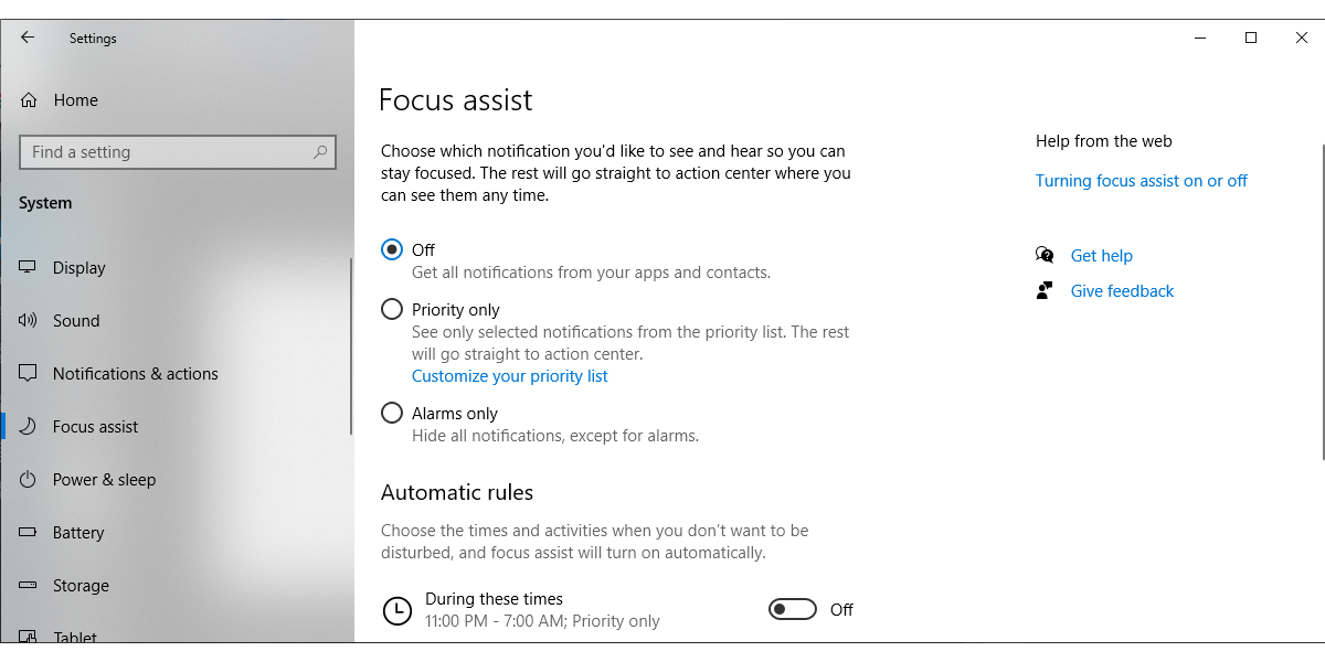Focus assist settings in Windows 10