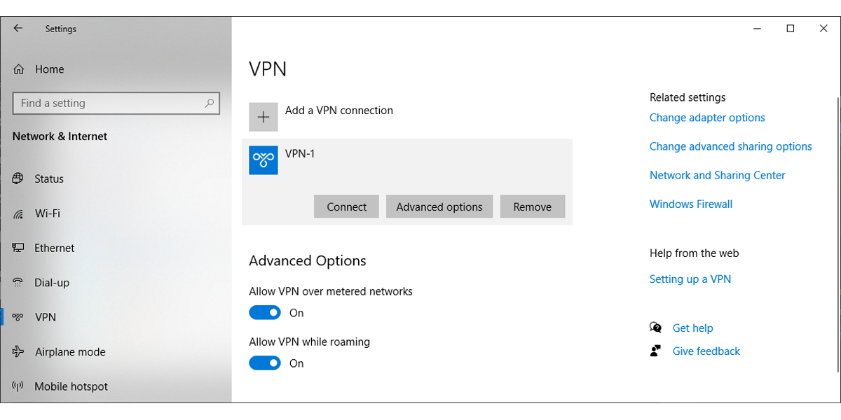 VPN settings in Windows 10