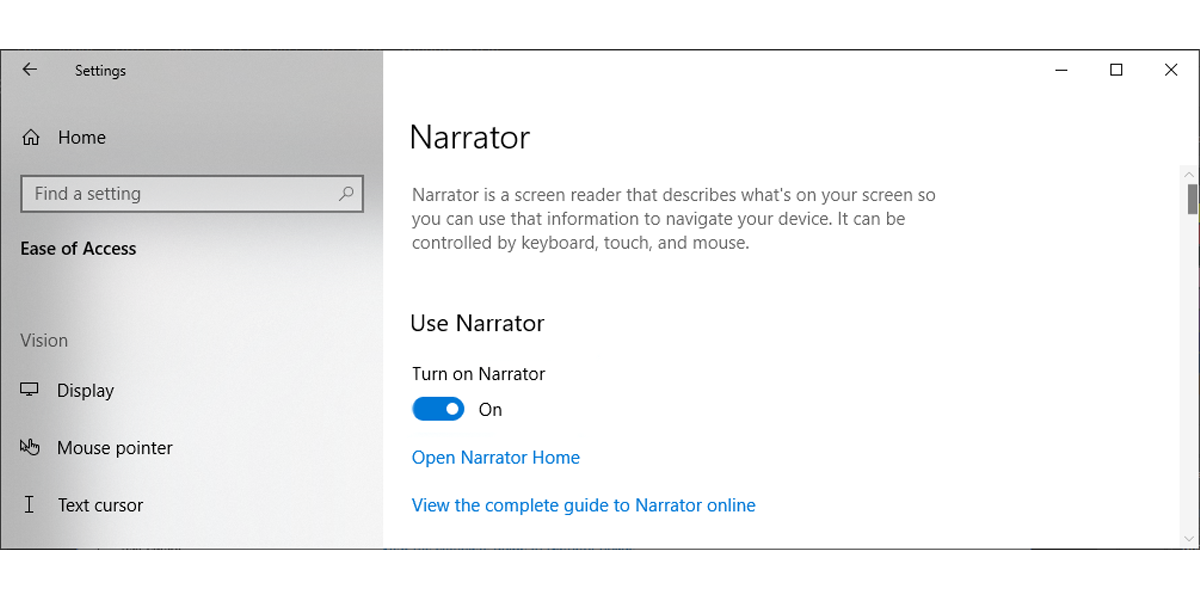 Narrator settings in Windows 10