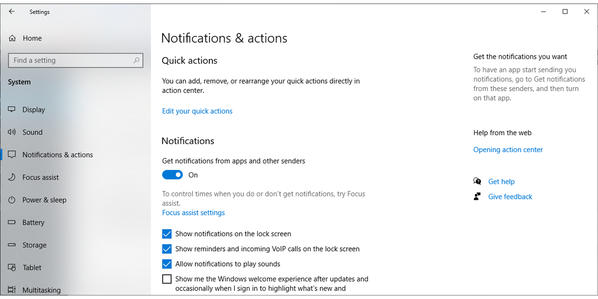 Notification banner settings in Windows 10