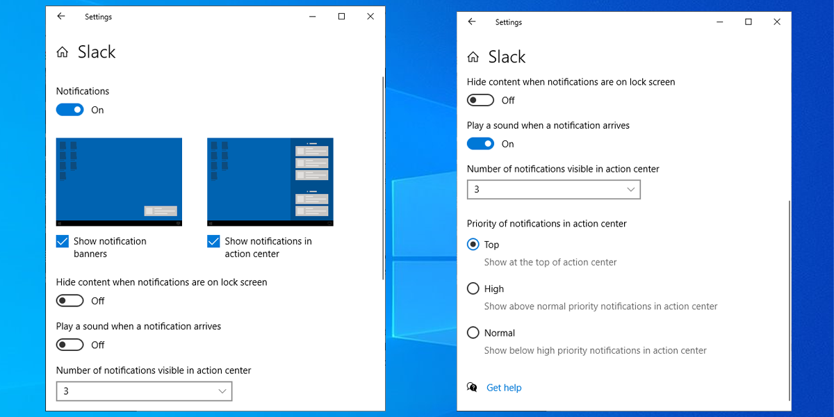 Notification settings in Windows 10