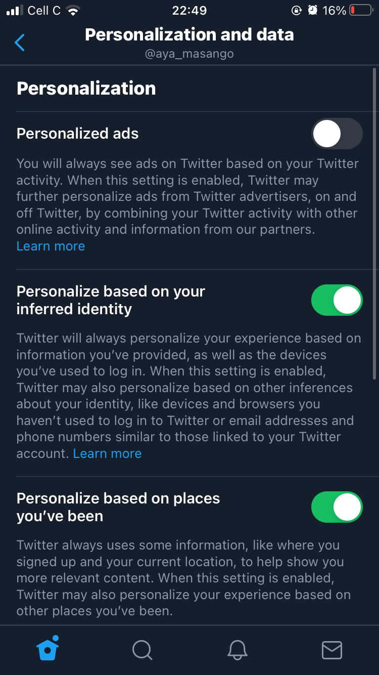 screenshot of twitter personalized ads settings