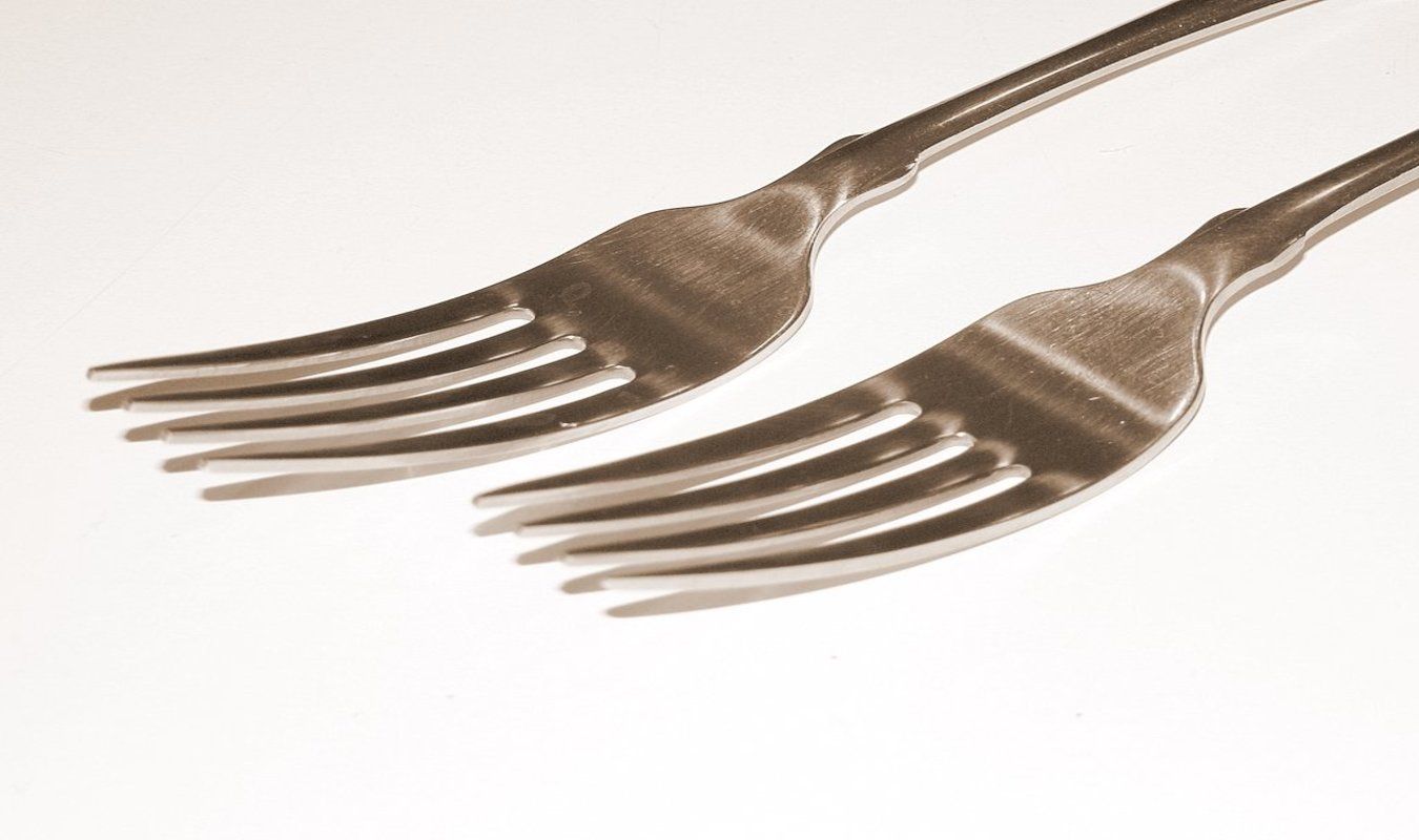 Two stainless steel forks placed side by side against a white background