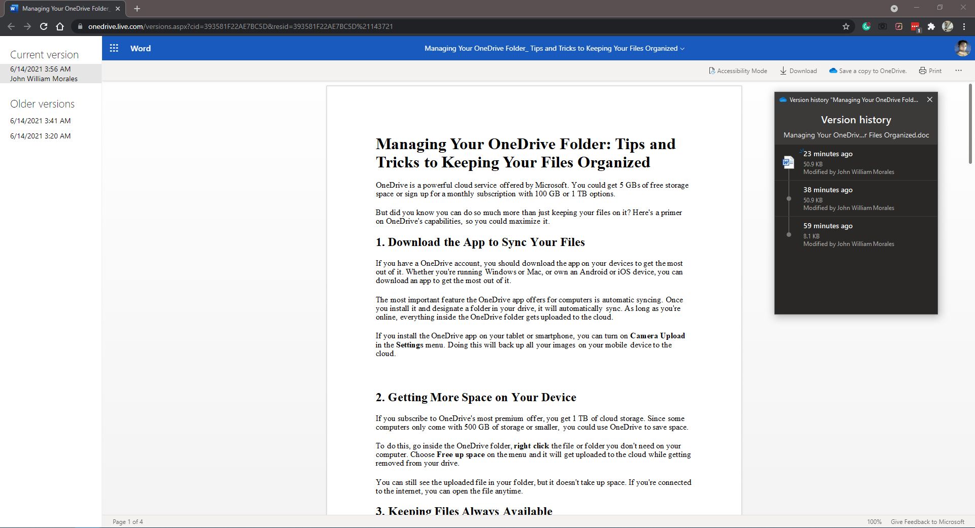 Viewing a Microsoft Word version history on both OneDrive Live and via the Windows app