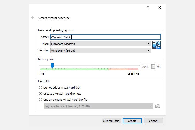 virtualbox windows 7 ram and disk size