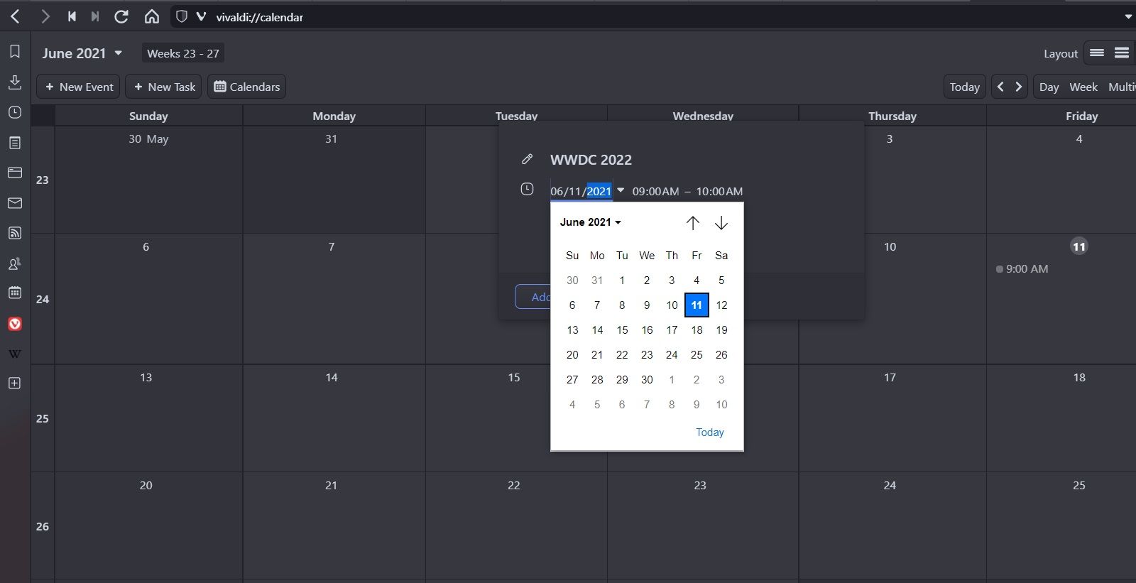 Create an event in Vivaldi Calendar