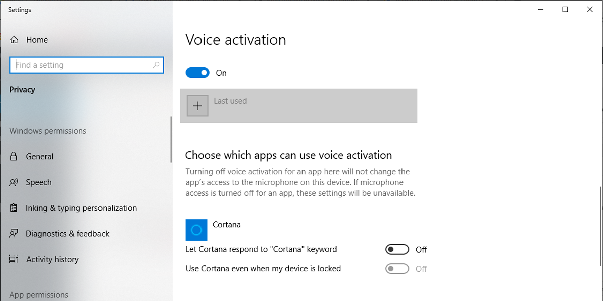 Voice activation settings in Windows 10