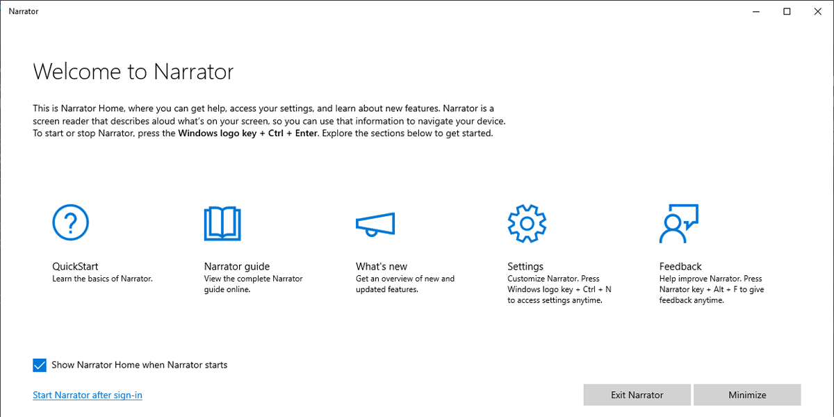 Welcome to Narrator menu in Windows 10