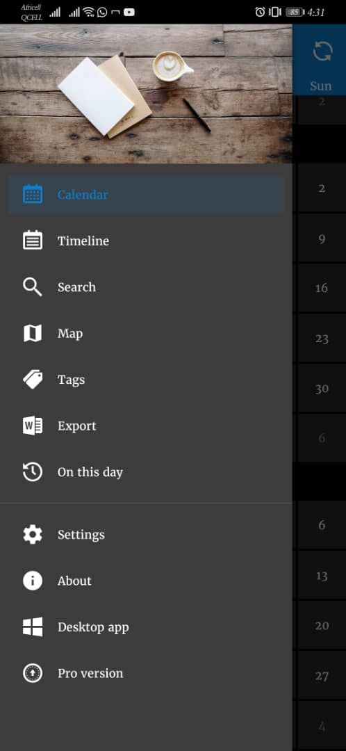 Screenshot of Diarium app sidebar