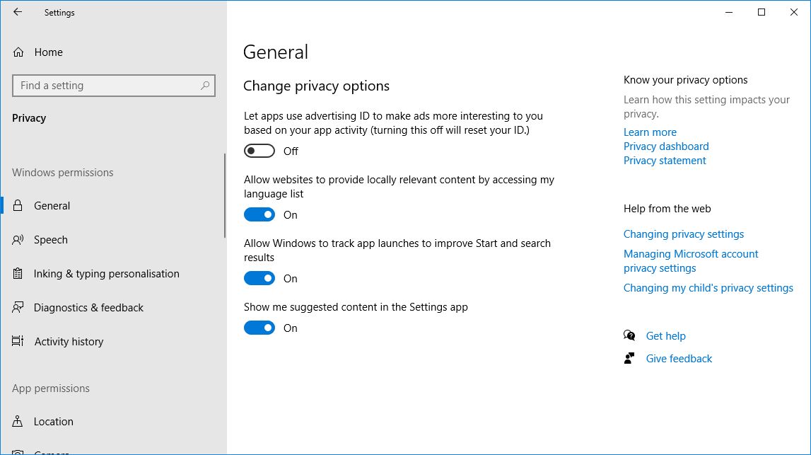 windows 10 general privacy options