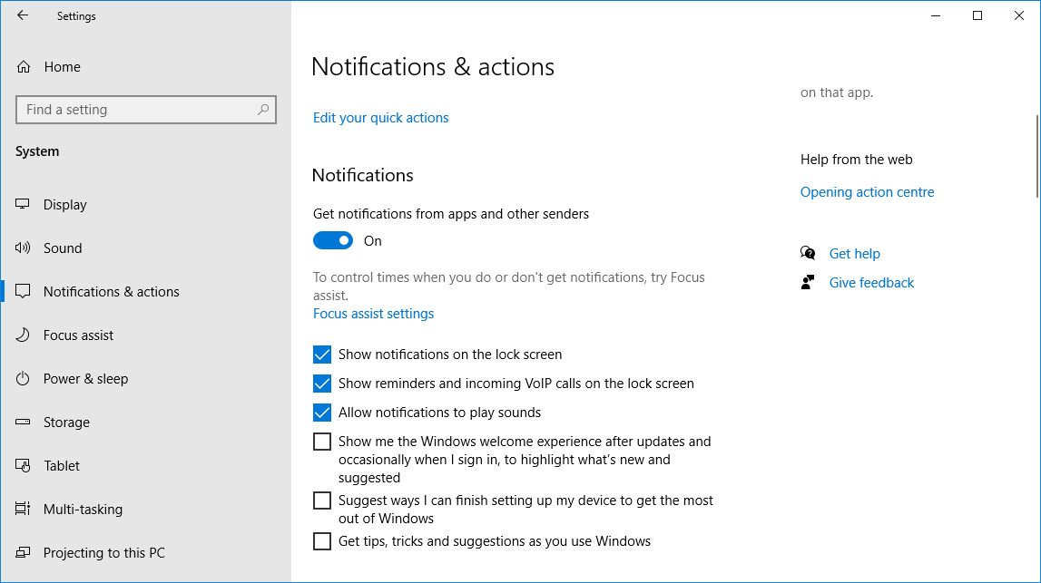 windows 10 notifications and actions