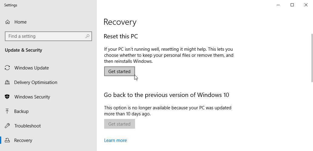 windows 10 reset recovery options
