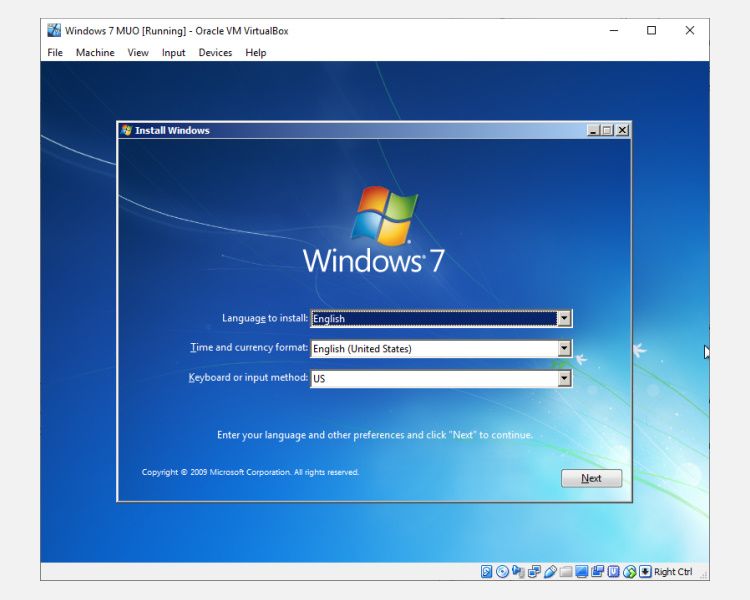 windows 7 virtual machine installation page