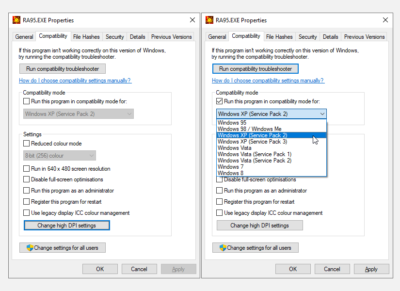 windows properties compatability tab options