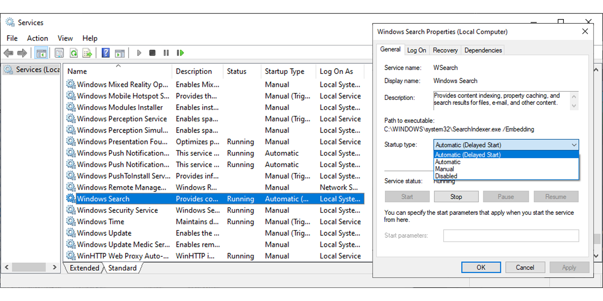 Windows Search Service settings