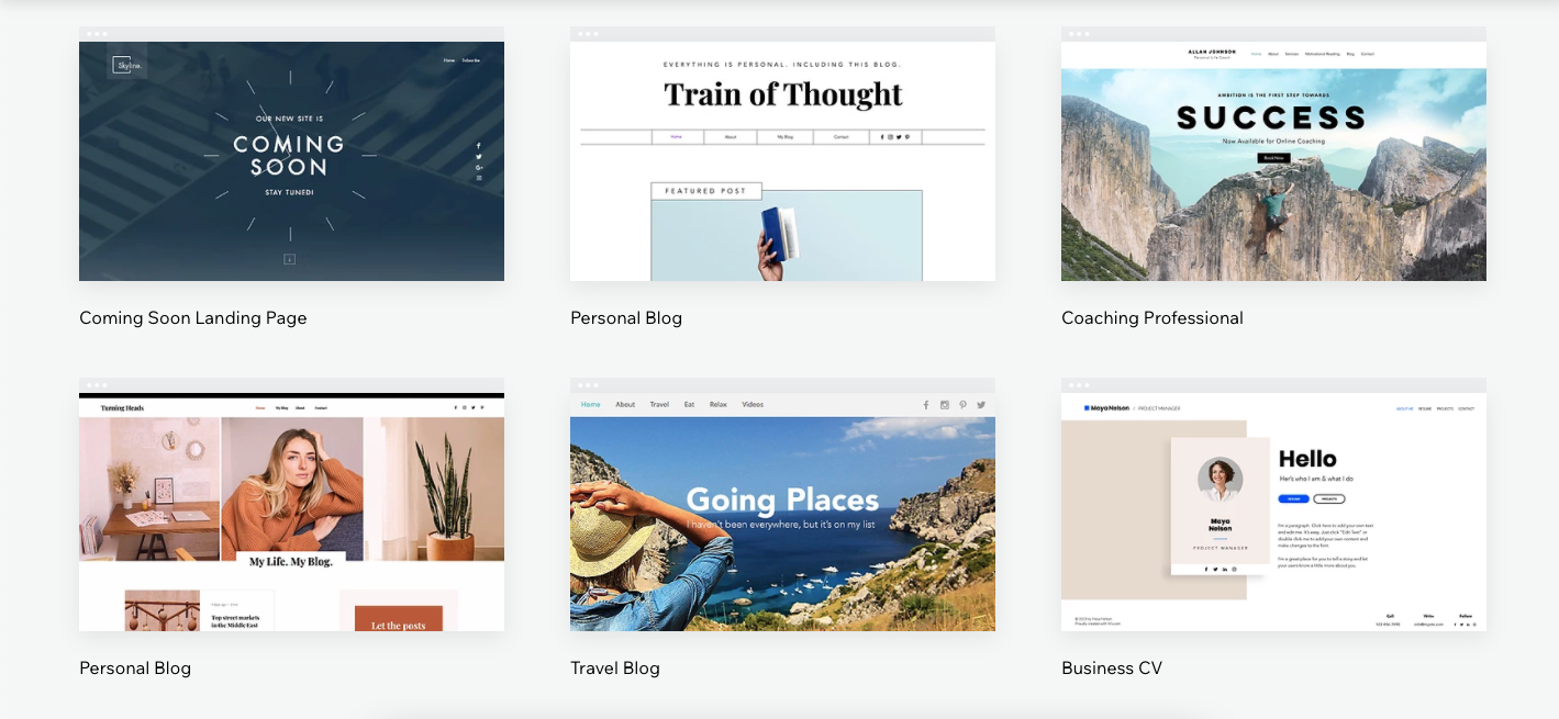 A screenshot showing some of the themes you can choose when creating a Wix website