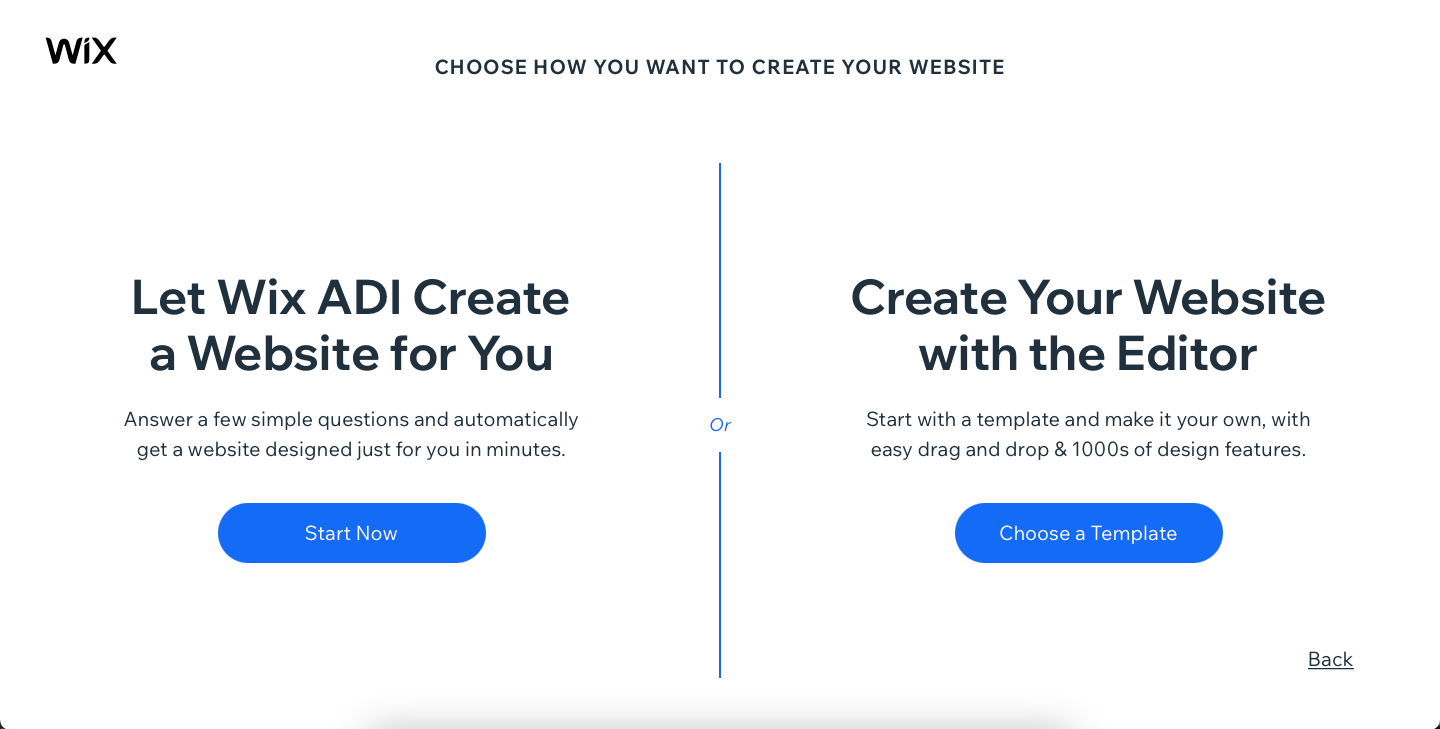 The two options you can pick from when creating a Wix website
