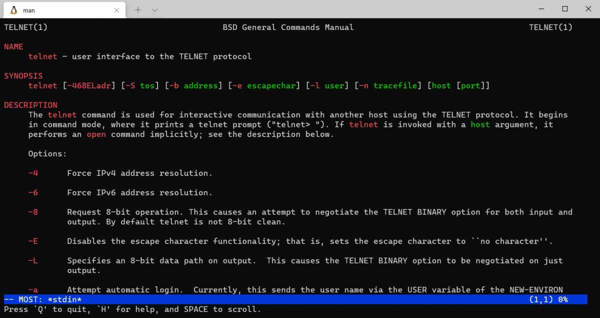 WSL Ubuntu Telnet manpage